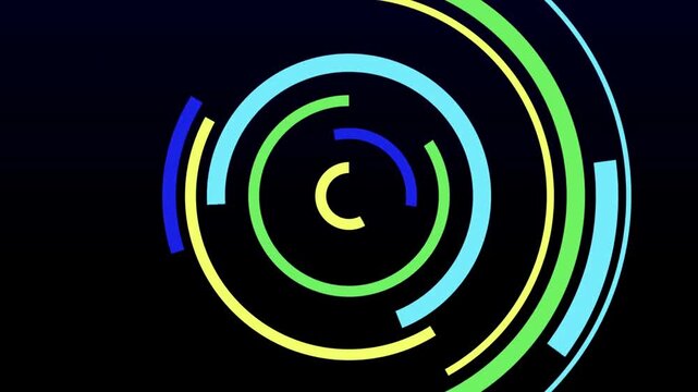 Multi-color HUD rotating rings in blue green and yellow spinning on a dark background to illustrate cyber security networks and advanced computing systems.