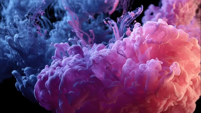 Pink and Blue Ink Clouds Colliding on Black Background