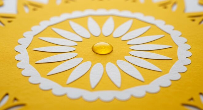 Sol de papel picado mexicano, dise&ntilde;o de recorte amarillo artesanal para Cinco de Mayo, arte minimalista tradicional, decoraci&oacute;n festiva vibrante con detalle de p&eacute;talos blancos.