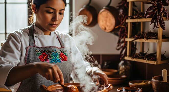 Chef mexicana preparando mole tradicional en cocina r&uacute;stica, vapor ascendente, delantal con flores bordadas, ingredientes aut&eacute;nticos, celebraci&oacute;n de cultura y gastronom&iacute;a latina.
