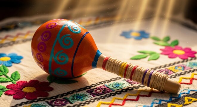 Maraca mexicana artesanal sobre tela bordada tradicional, celebraci&oacute;n de Cinco de Mayo, m&uacute;sica folcl&oacute;rica, cultura vibrante, rayos de sol c&aacute;lidos en dise&ntilde;o festivo y colorido.