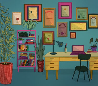 Office with certificate and diploma on the wall