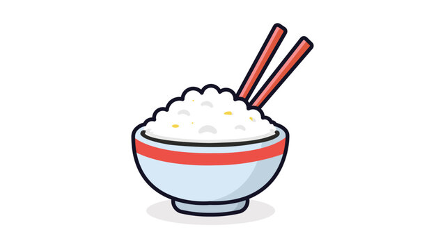 Rice Bowl with Chopsticks Vector Icon Illustration. A modern flat design on white background featuring a small round bowl heaped with white rice. Editable stroke for customizable line weight.