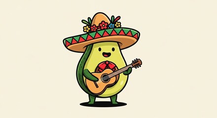 Obraz premium Aguacate mariachi con sombrero mexicano tocando guitarra, ilustración festiva de Cinco de Mayo, personaje kawaii celebrando cultura de México, arte vectorial para fiestas.