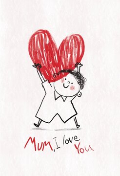 Childlike Love Drawings With Red Hearts And Family Warmth.