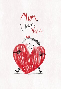Childlike Love Drawings With Red Hearts And Family Warmth.