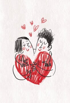 Childlike Love Drawings With Red Hearts And Family Warmth.