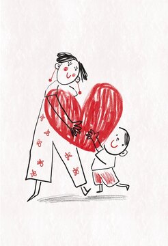 Childlike Love Drawings With Red Hearts And Family Warmth.