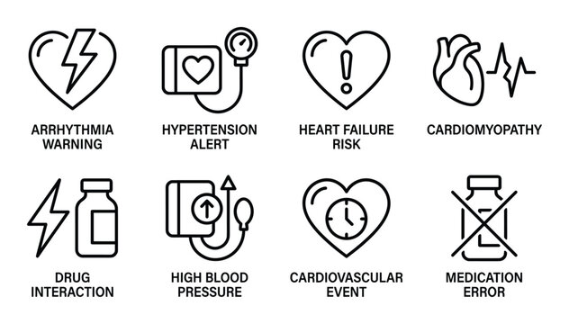 Cardiovascular health icons for arrhythmia, hypertension, heart failure, and drug interaction warnings.