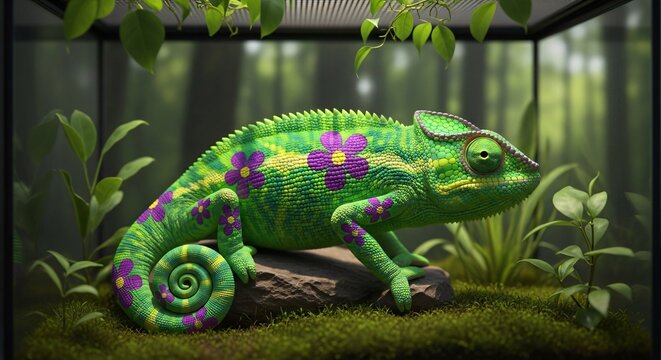 Camale&oacute;n verde con flores moradas decorativas en ambiente tropical para celebraci&oacute;n del Cinco de Mayo, reptil festivo y colorido en terrario exuberante, concepto creativo ex&oacute;tico.