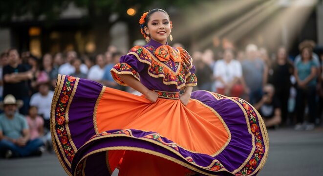 Bailarina mexicana con vestido folcl&oacute;rico tradicional en celebraci&oacute;n de Cinco de Mayo, danza regional mexicana, festividad cultural con traje t&iacute;pico y falda de colores vibrantes.