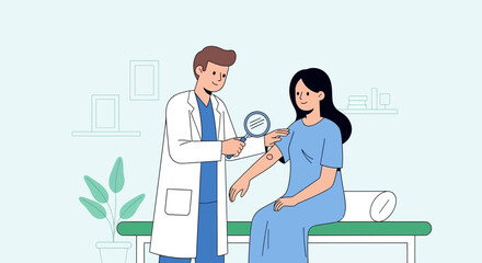 Obraz premium Dermatologist examines patient's arm with magnifying glass in clinic, medical checkup