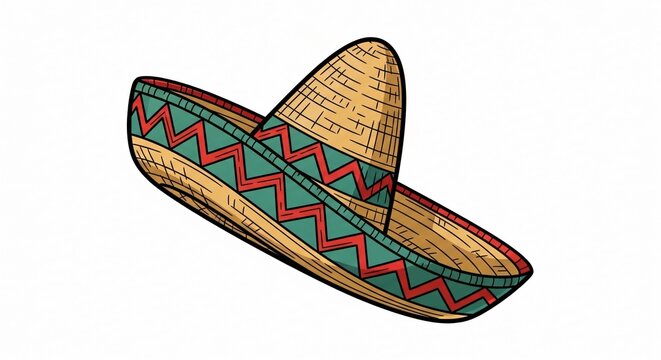 Sombrero mexicano ilustrado para la celebraci&oacute;n del Cinco de Mayo con dise&ntilde;o tradicional, patr&oacute;n de zigzag rojo y verde cerceta sobre fondo blanco, arte festivo y decorativo.