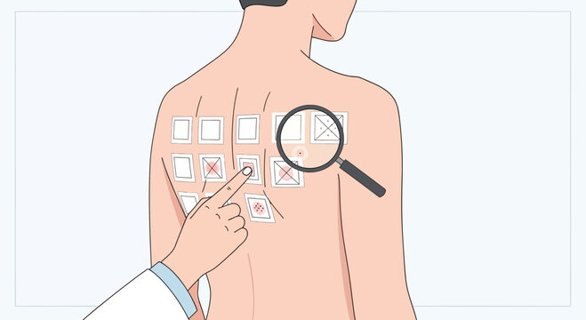 Dermatologist examining patient's back with allergy patch test results under magnifying glass