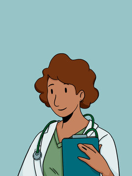 Female doctor holding clipboard in healthcare illustration