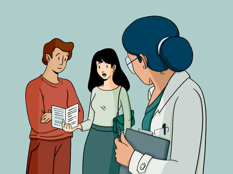Doctor discussing medical brochure with young couple patients