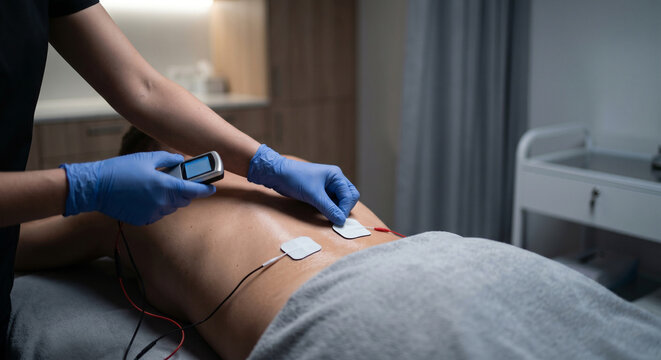 Close up side view of physical therapist in blue gloves applying electrotherapy pads to patient back