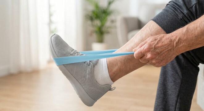 Close up side view of senior man stretching ankle with blue resistance band in bright modern home