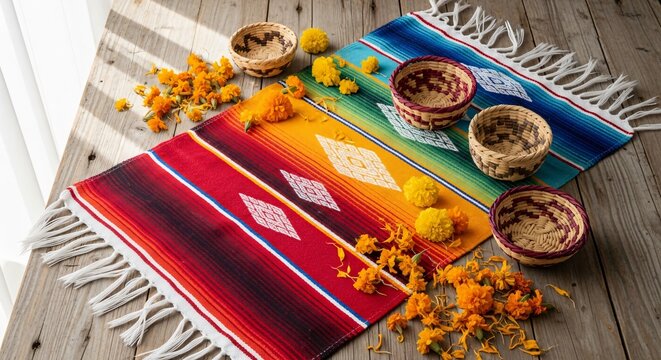 Sarape mexicano vibrante, cestas de mimbre artesanales y flores de cempas&uacute;chil sobre madera r&uacute;stica. Decoraci&oacute;n festiva tradicional para Cinco de Mayo y eventos culturales.