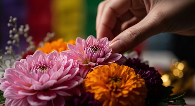 Manos arreglando dalias vibrantes para la celebraci&oacute;n del Cinco de Mayo, fondo festivo arco&iacute;ris, decoraci&oacute;n floral mexicana tradicional, preparaci&oacute;n de fiesta alegre y colorida.