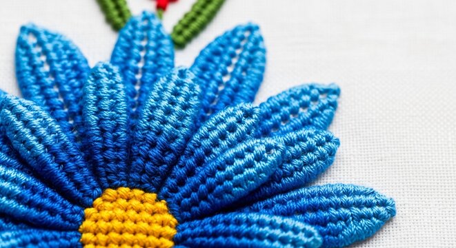 Flor azul bordada con centro amarillo, artesan&iacute;a textil mexicana tradicional para Cinco de Mayo, detalle de costura a mano en tela blanca, arte folcl&oacute;rico vibrante y festivo.