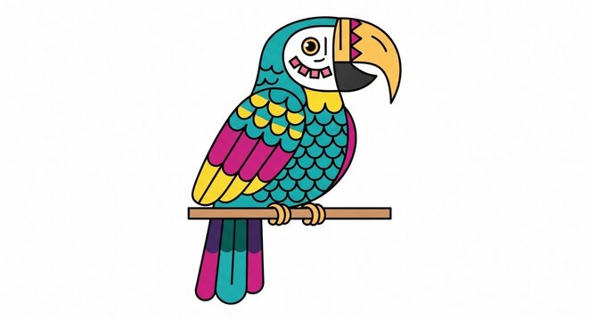 Guacamaya colorida estilo folcl&oacute;rico mexicano sobre rama, ilustraci&oacute;n vectorial para Cinco de Mayo, loro decorativo con patrones geom&eacute;tricos vibrantes, arte tradicional festivo.