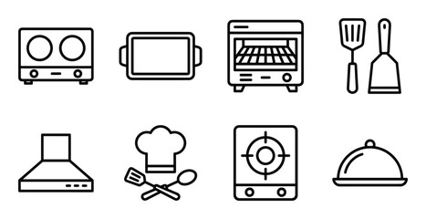 Fototapeta premium Collection of kitchen appliances and utensils outline icons cooking equipment and culinary tools on transparent background.