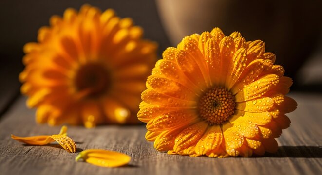 Flores de cempas&uacute;chil naranja con gotas de roc&iacute;o sobre madera r&uacute;stica, decoraci&oacute;n tradicional mexicana para Cinco de Mayo, p&eacute;talos esparcidos, ambiente c&aacute;lido y festivo.