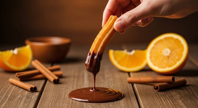 Churro crujiente sumergido en chocolate fundido con naranjas y canela sobre madera, postre tradicional mexicano para Cinco de Mayo, merienda dulce artesanal y festiva.