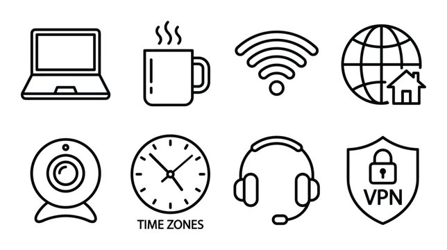 Collection of technology and communication icons featuring laptop coffee wifi globe webcam clock headset and VPN shield.