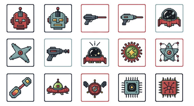 Collection of retro futuristic robot heads ray guns and sci fi gadgets.
