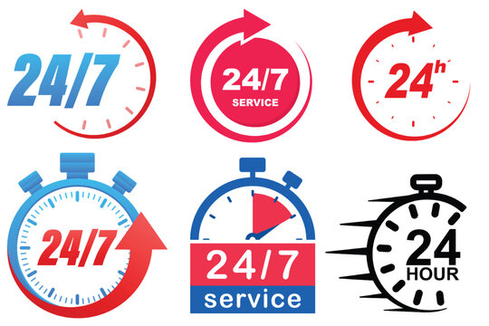 24 7 service clock icons set with arrows and stopwatch