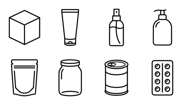 Cube tube spray bottle dispenser pouch jar tin blister pack icons.