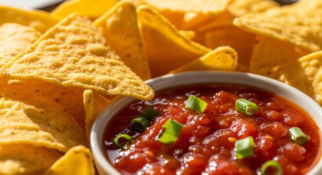 Totopos crujientes con salsa roja picante, aperitivo mexicano tradicional para Cinco de Mayo, snacks de tortilla de ma&iacute;z, comida tex-mex aut&eacute;ntica, fiesta gastron&oacute;mica sabrosa.