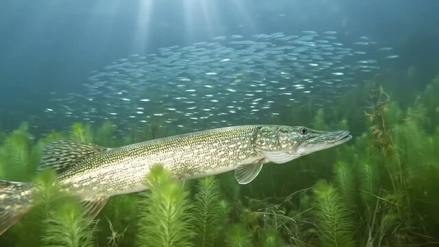 Northern pike fish swimming slowly underwater near aquatic plants with a large school of baitfish in the background illuminated by sunbeams