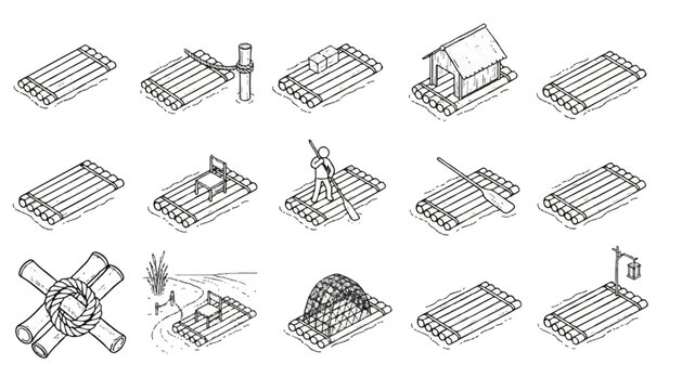 Collection of isometric drawings of various raft designs for transportation and shelter with transport watercraft illustration isometric collection