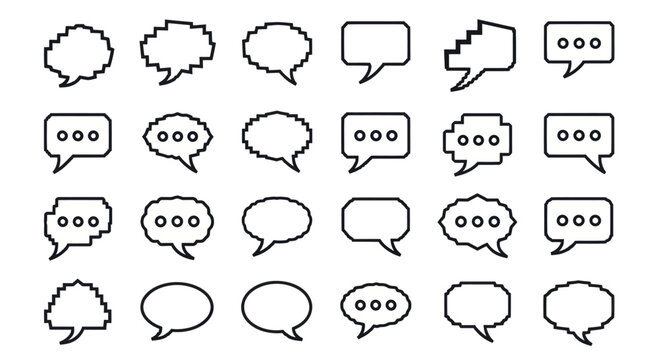 Collection of various speech bubble and chat box icons in outline style.