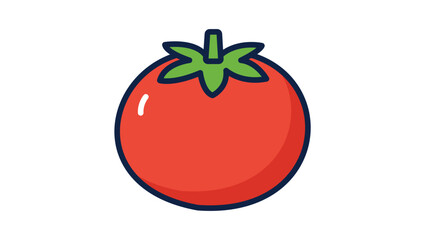 Obraz premium A modern flat vector icon illustration of a round ripe red tomato with a green stem and leaves, featuring an editable stroke for customizable line weight, isolated on a clean white background.