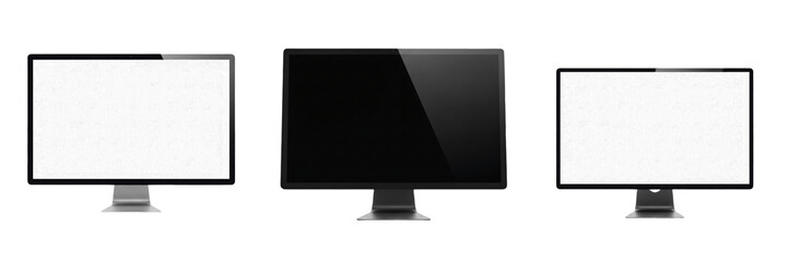 Professional black flat PC monitor mockup with blank screen isolated on white background, modern computer display hardware for workplace productivity and digital technology designs.