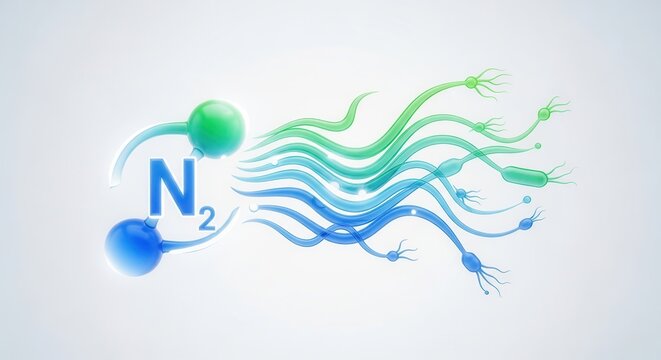 Dynamic depiction of N2 molecule interacting with evolving microscopic organisms and cellular