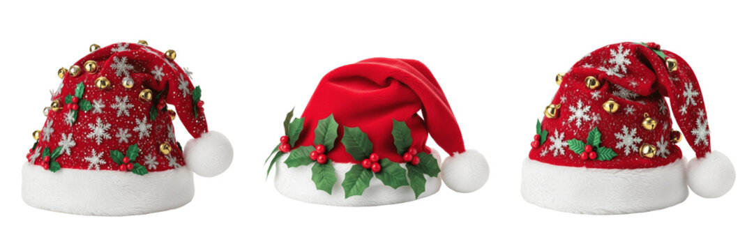 Festive red Christmas Santa hat with green holly leaves and berries isolated on white background, winter holiday headwear for seasonal party celebrations and xmas gift graphics.