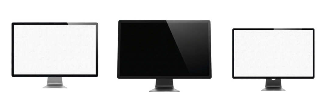 Professional black flat PC monitor mockup with blank screen isolated on white background, modern computer display hardware for workplace productivity and digital technology designs.