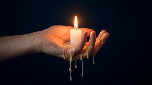 Lilin yg menyala,Burning Candle Melting Wax Dripping Onto Open Hand In Dark Background