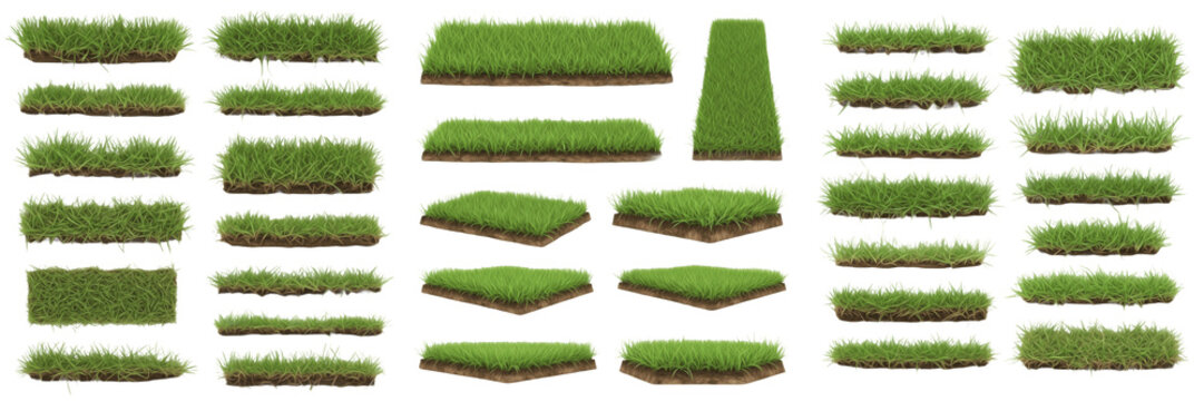Set of green grass patch variations and different turf lawn shapes isolated on white background, realistic meadow foliage and plant elements for garden landscape design projects.