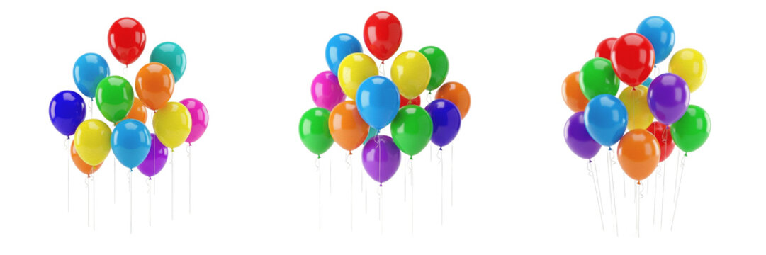 Set of colorful party balloons floating on strings isolated on white background, vibrant red blue and yellow birthday decorations for celebration and festive event graphic design.