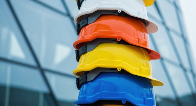 Stacked multicolored hard hats are displayed in front of a modern glass building.