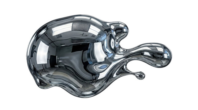 Liquid chrome splash on white background, abstract metallic mercury blob with reflective surface, shiny silver fluid drop for futuristic design