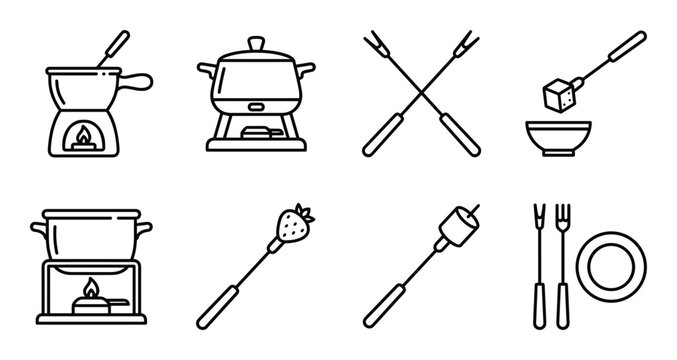 Fondue set icons outline cooking chocolate cheese pot forks skewers dessert berry marshmallow dishware on transparent background.