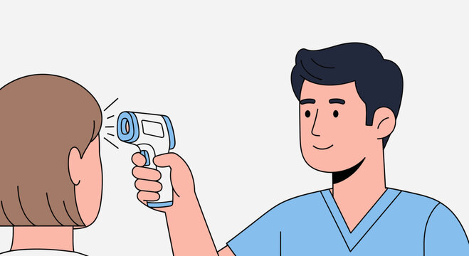 Doctor checks patient's temperature with infrared thermometer for fever detection