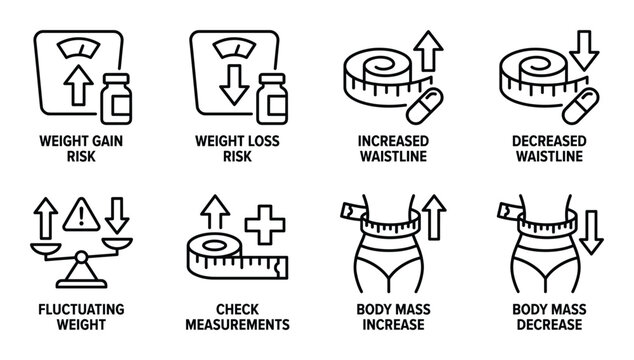 Icons for weight management and body mass changes showing scales weight gain loss waistline measurement increase decrease.